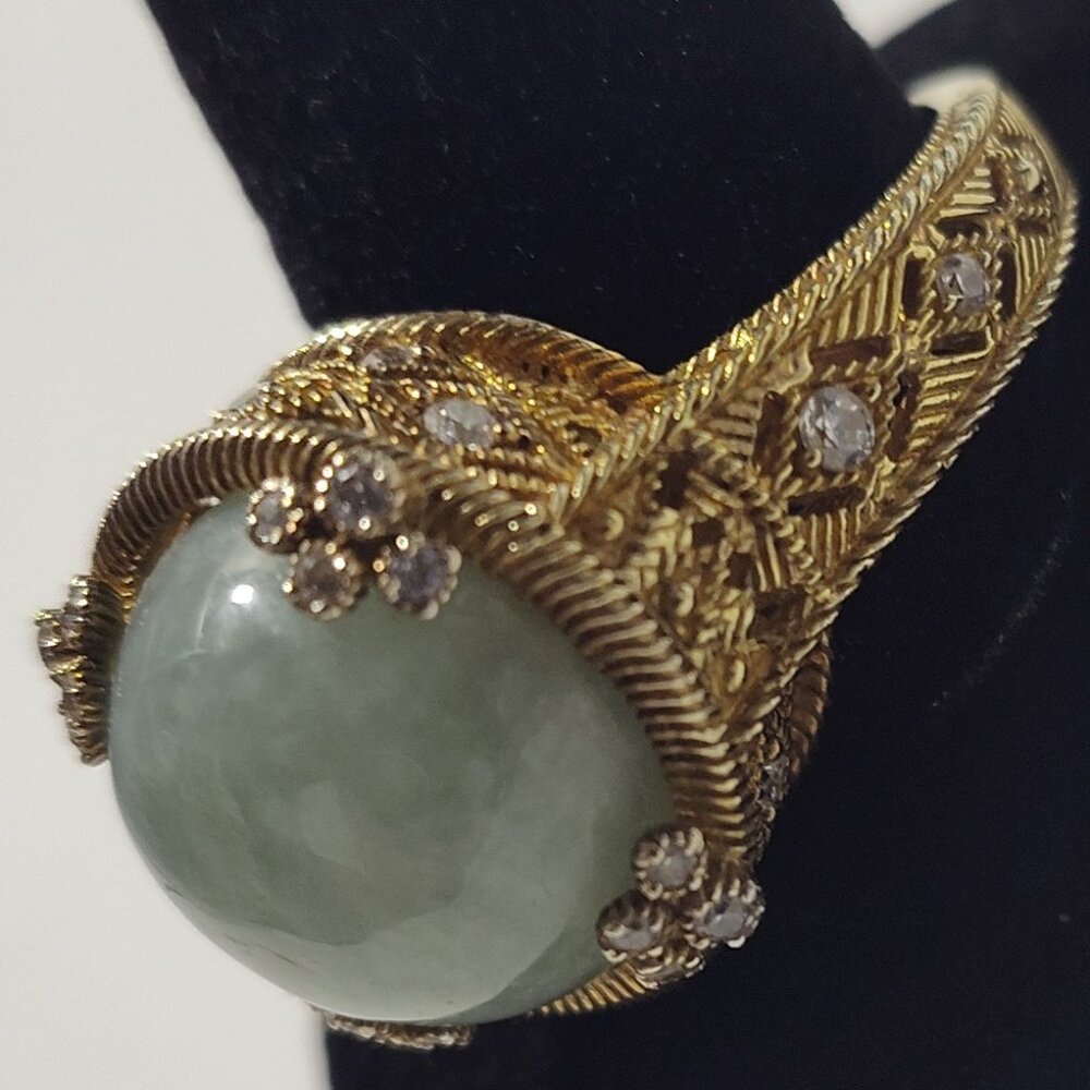 Judith Ripka Jadeite and CZ Dome Gold Tone Ring Size 10 - Picture 4 of 16